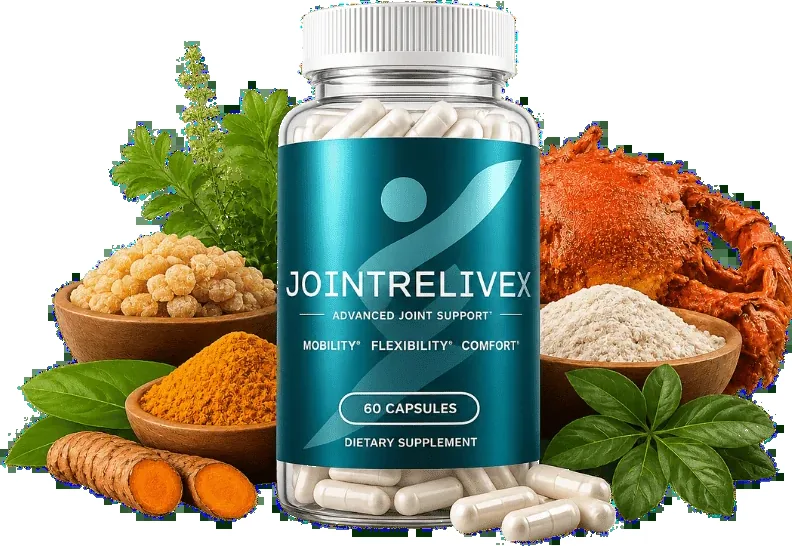 JointReliveX joint support capsule bottle with turmeric root, boswellia resin and fresh ingredients around it